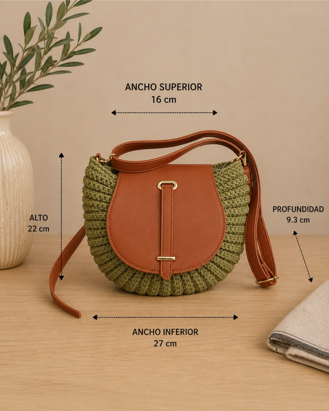 Bolso Bandolera Crochet Verde Oliva con Solapa Camel