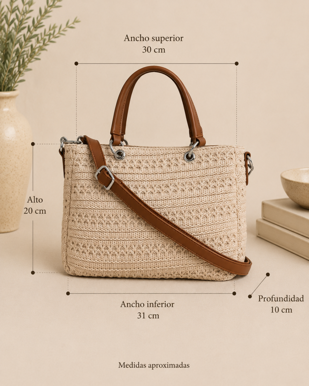 Bolso Ganchillo Crochet Beige con Asas de Mano y Bandolera Camel
