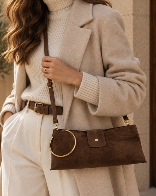 Damenhandtasche aus echtem Wildleder mit goldenem Ringgriff und Umhängeriemen