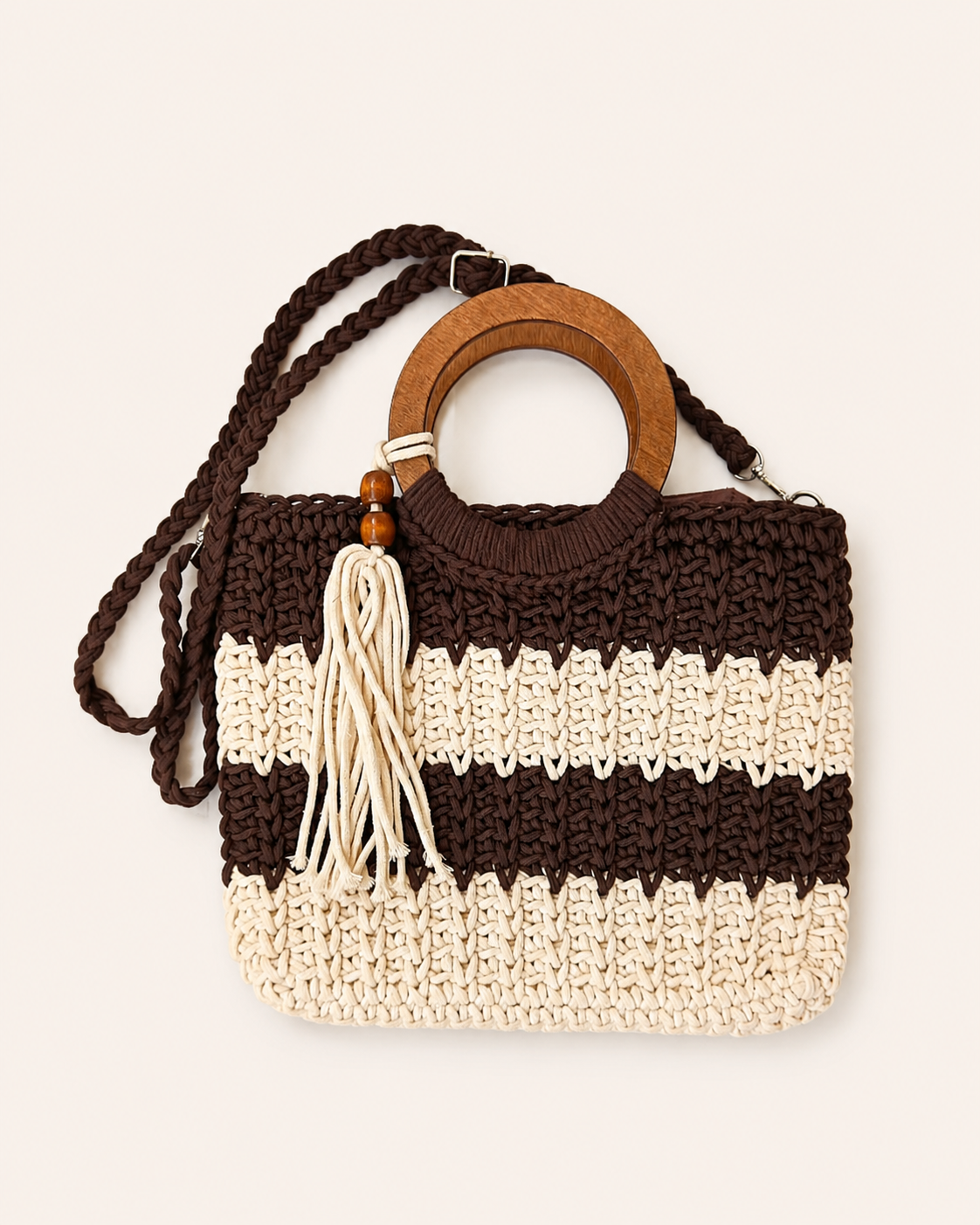 Bolso Boho Crochet trenzado con Asa de Madera