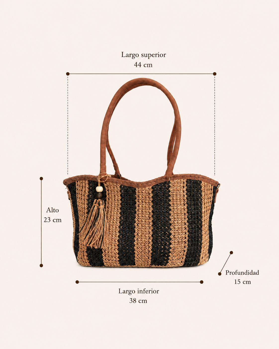Bolso Shopper de Rafia Trenzada Negro Beige