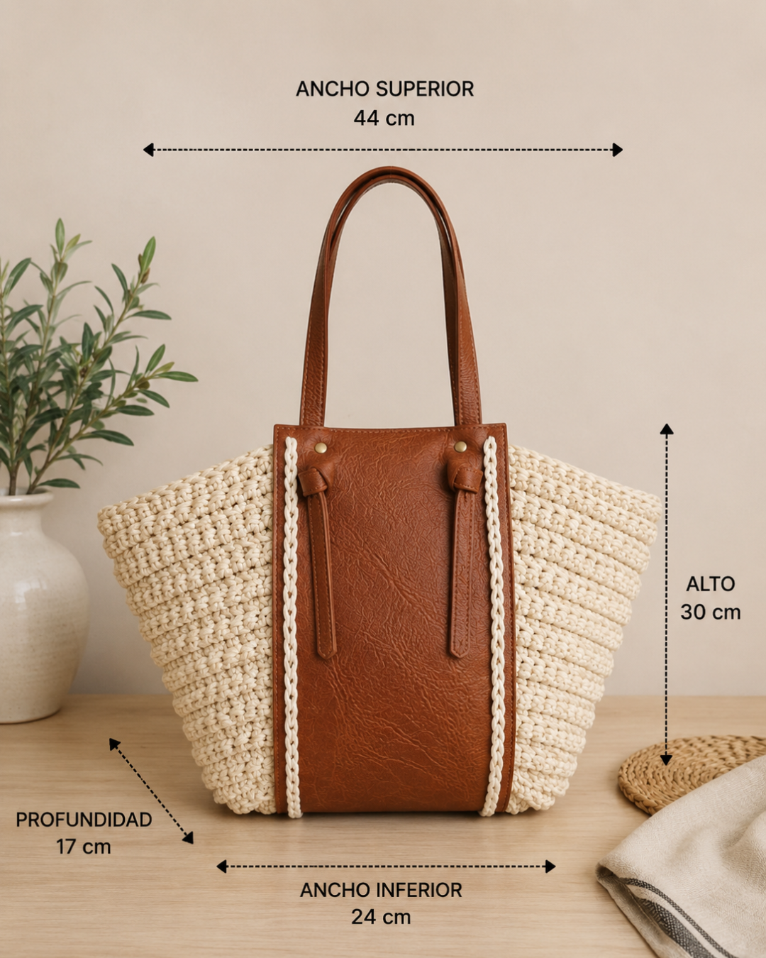 Bolso Shopper de Algodón Crochet Beige y Camel Grande