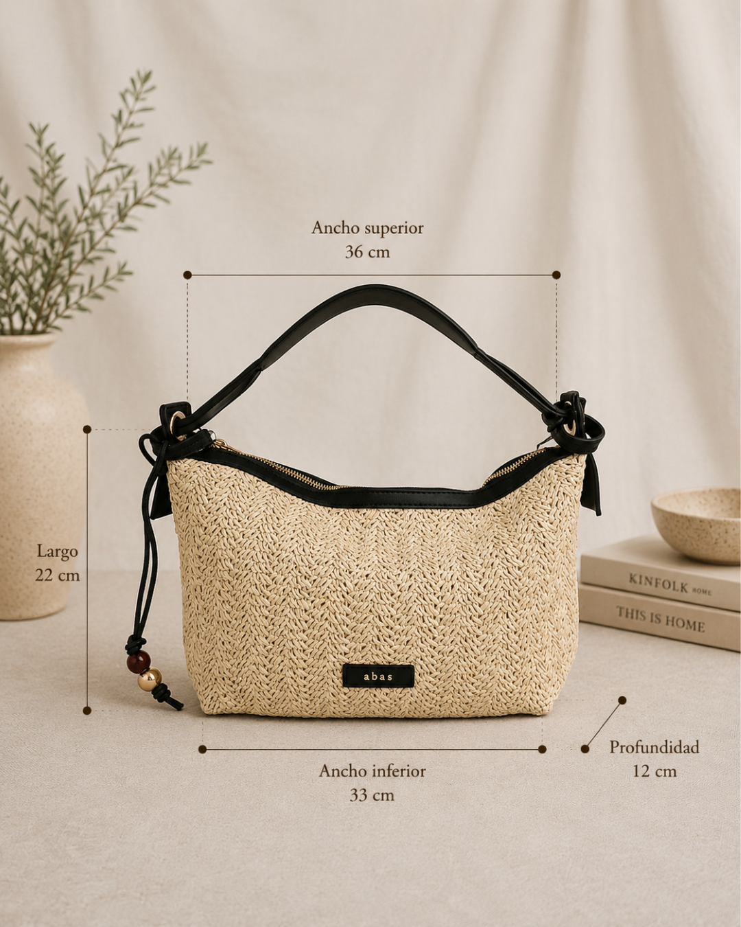 Bolso de Rafia Trenzada Beige y Negro con Bandolera