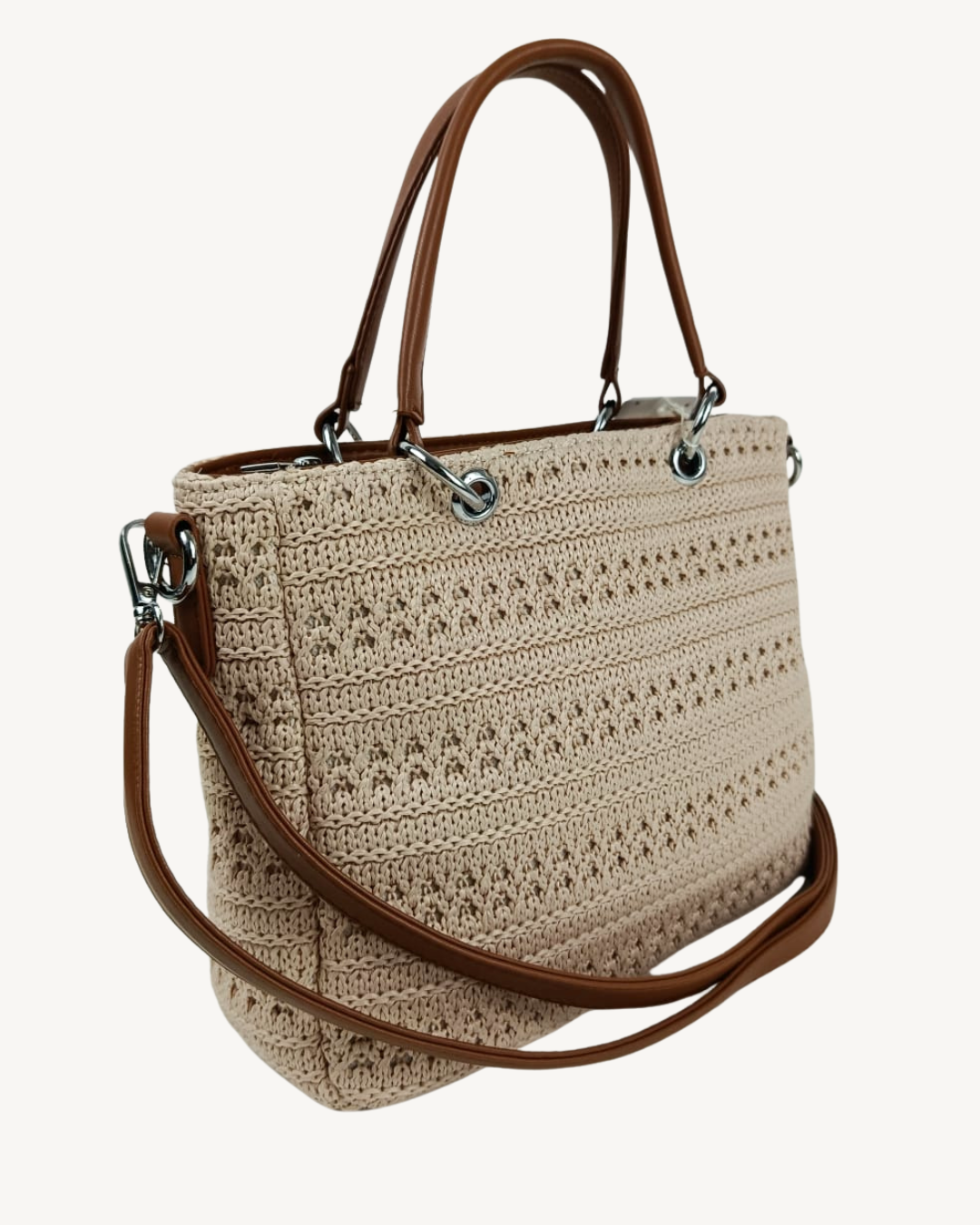 Bolso Ganchillo Crochet Beige con Asas de Mano y Bandolera Camel
