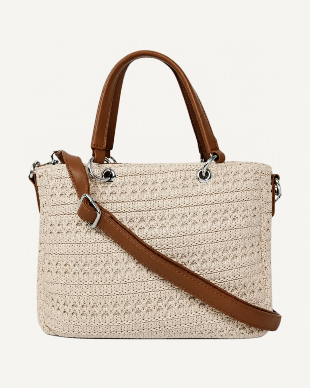 Borsa a uncinetto beige con manici e tracolla
