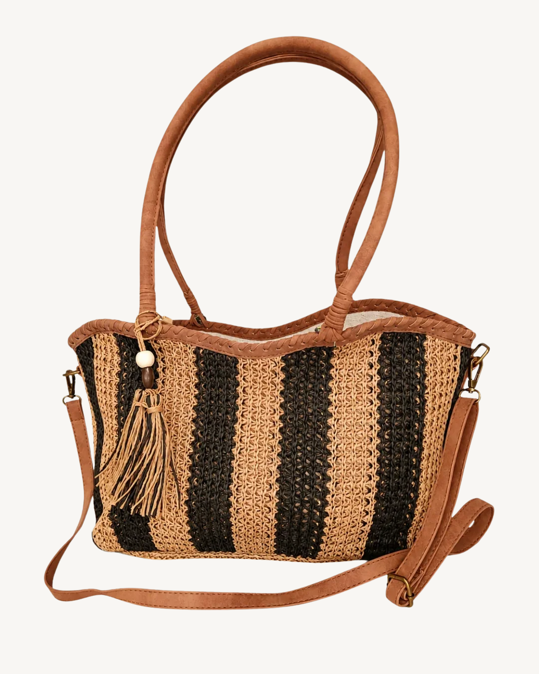 Shopper-Tasche aus geflochtenem Bast in Schwarz-Beige