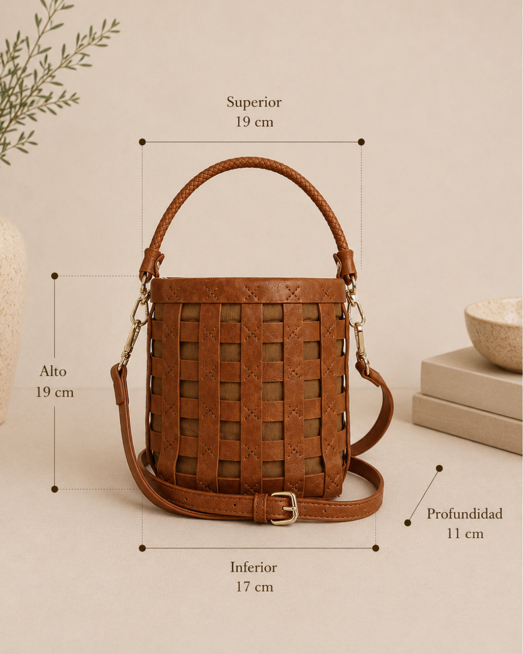 Bolso Cubo Trenzado Camel Mujer