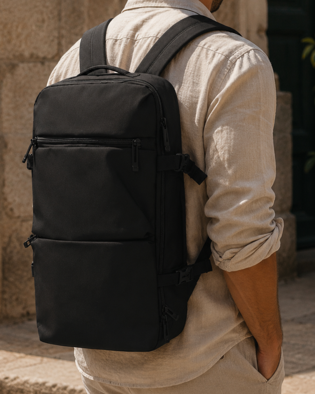 Mochila negra de viaje para cabina Rayanair