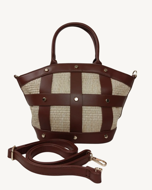 Borsa a cestino in rafia metallizzata champagne con tracolla