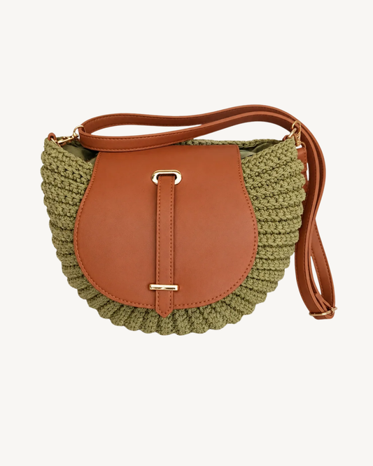 Bolso Bandolera Crochet Verde Oliva con Solapa Camel