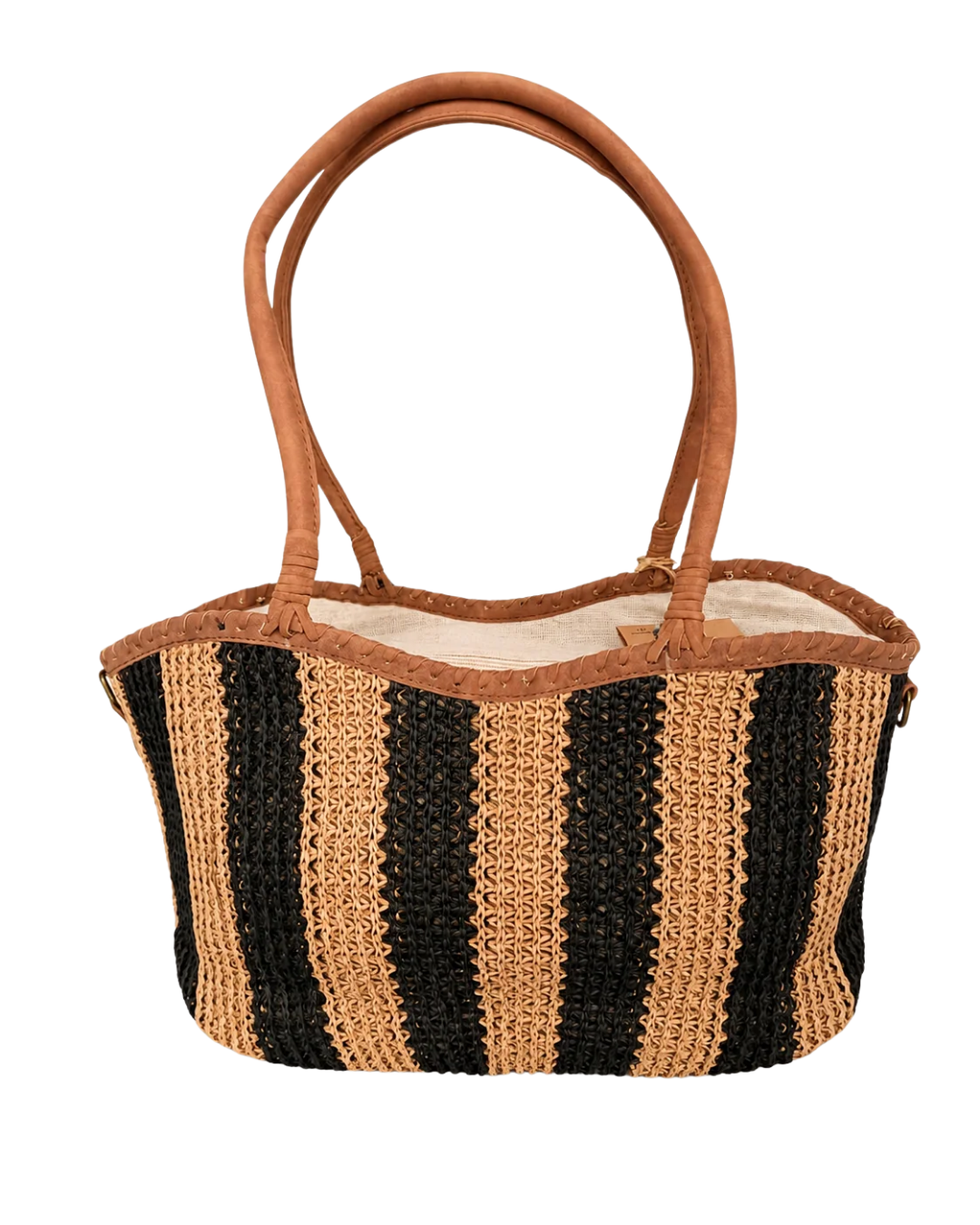 Shopper-Tasche aus geflochtenem Bast in Schwarz-Beige
