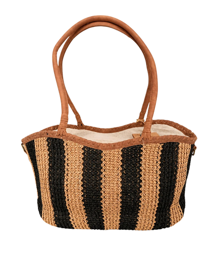 Shopper-Tasche aus geflochtenem Bast in Schwarz-Beige