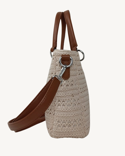 Bolso Ganchillo Crochet Beige con Asas de Mano y Bandolera Camel