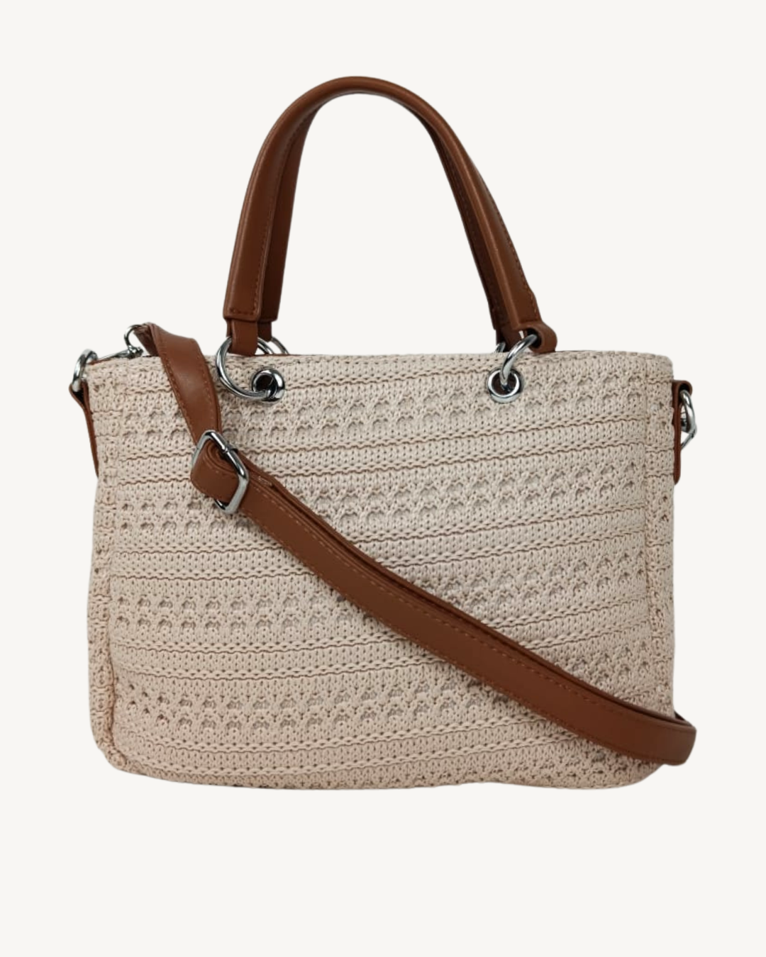 Bolso Ganchillo Crochet Beige con Asas de Mano y Bandolera Camel