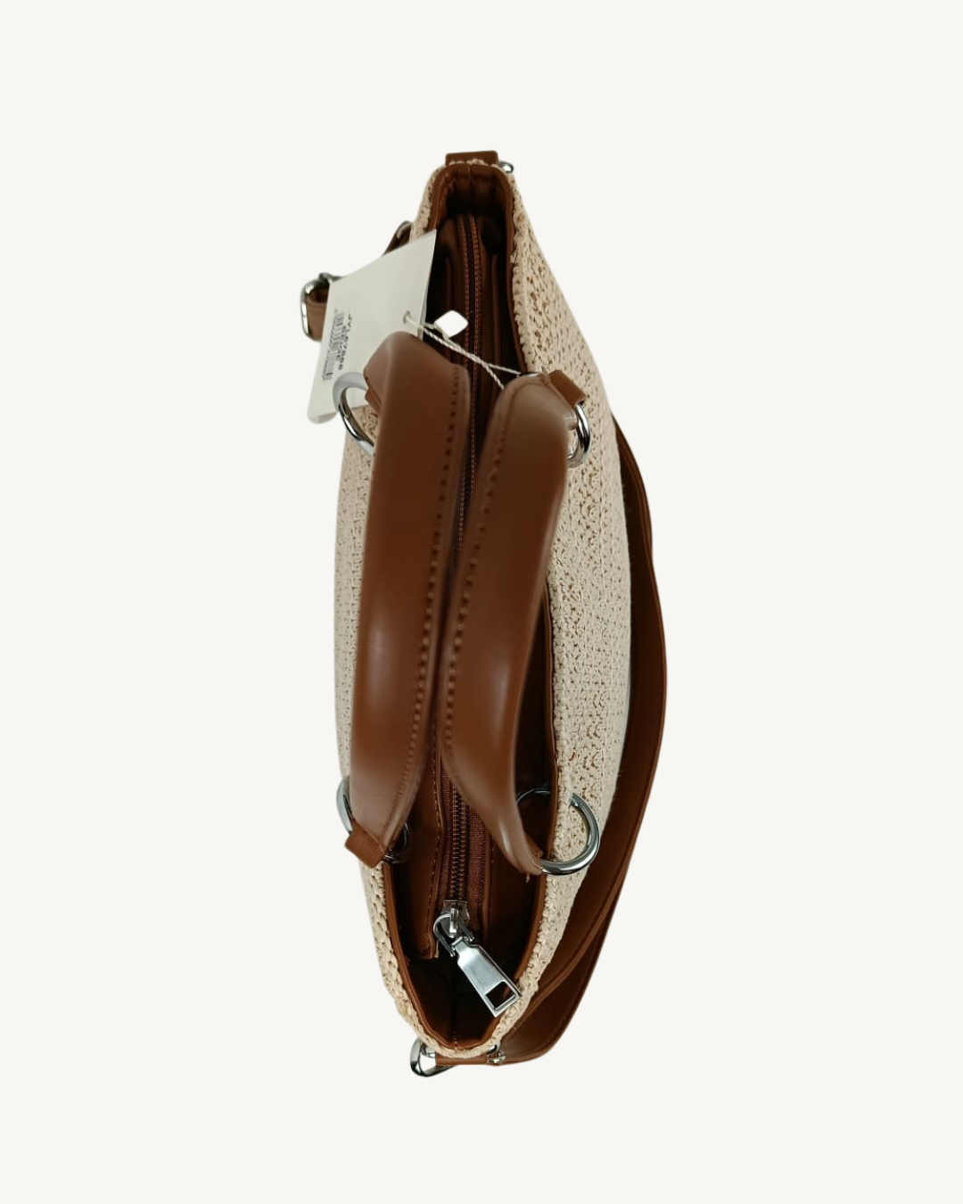 Bolso Ganchillo Crochet Beige con Asas de Mano y Bandolera Camel
