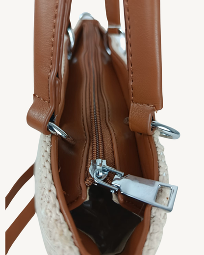 Bolso Ganchillo Crochet Beige con Asas de Mano y Bandolera Camel
