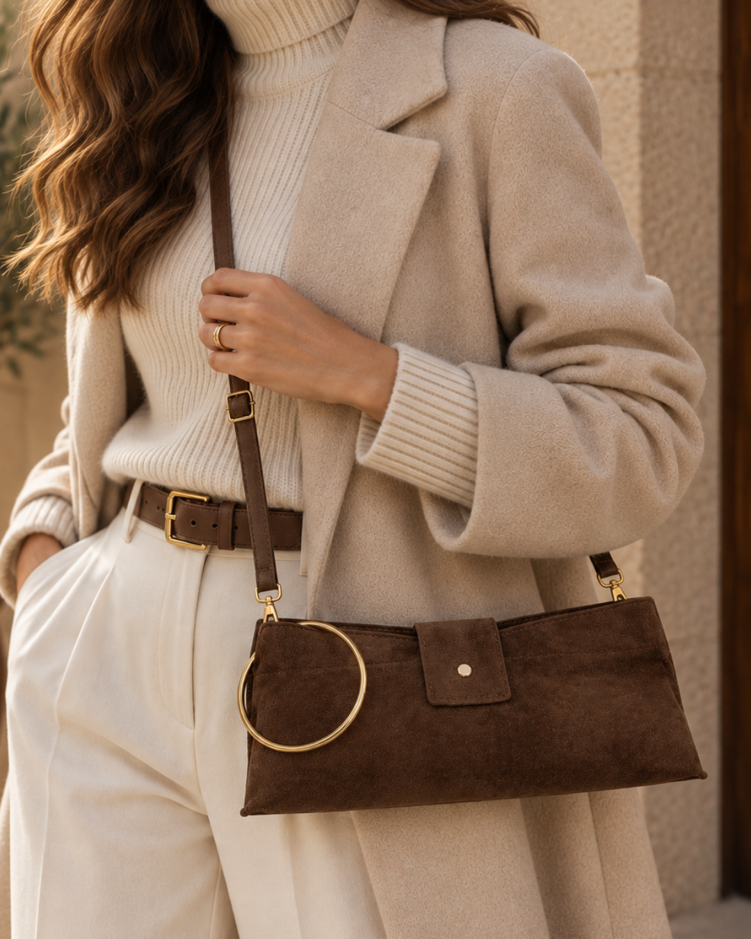 Damenhandtasche aus echtem Wildleder mit goldenem Ringgriff und Umhängeriemen