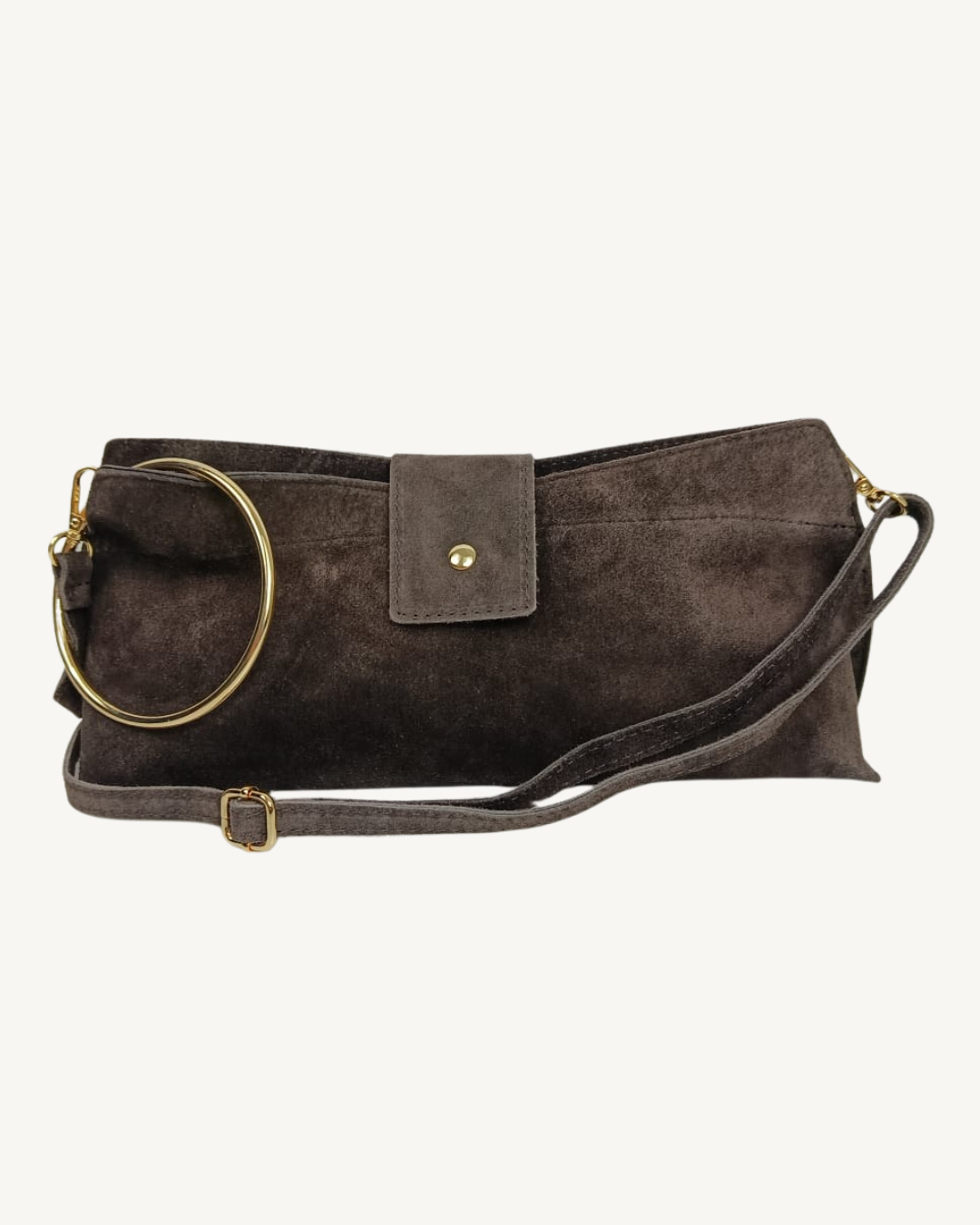 Damenhandtasche aus echtem Wildleder mit goldenem Ringgriff und Umhängeriemen