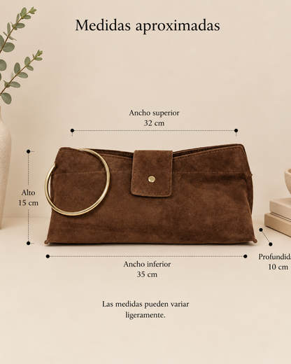 Damenhandtasche aus echtem Wildleder mit goldenem Ringgriff und Umhängeriemen