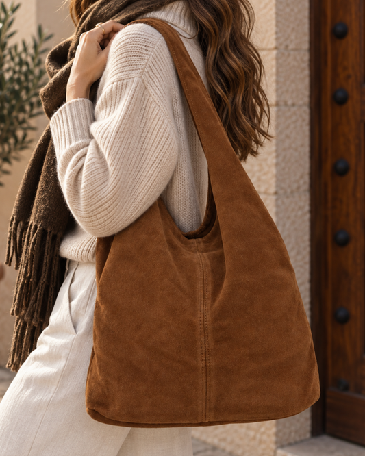 Bolso hobo de piel de ante marrón para mujer