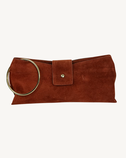 Damenhandtasche aus echtem Wildleder mit goldenem Ringgriff und Umhängeriemen