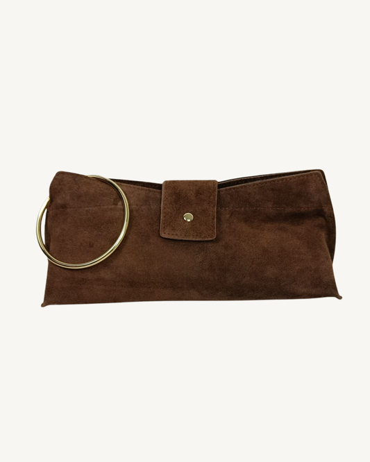 Bolso Mujer Piel Genuina Ante Asa Aro Dorado Bandolera