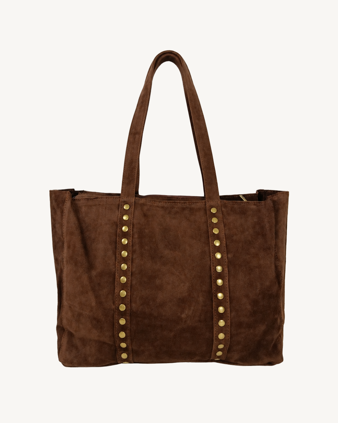 Bolso tote de piel de ante marrón visto desde la base