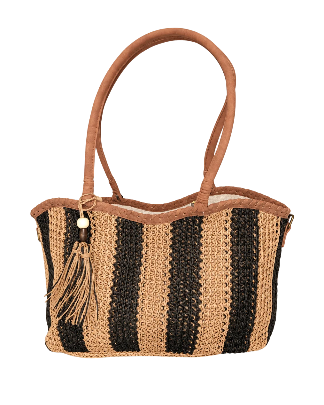 Shopper-Tasche aus geflochtenem Bast in Schwarz-Beige