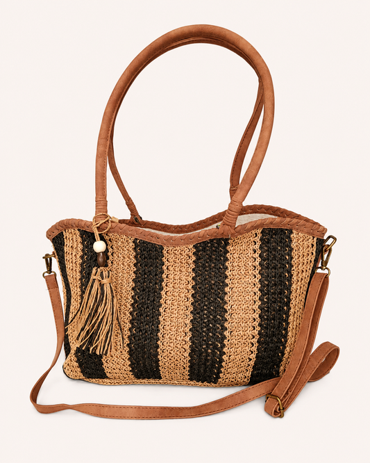 Bolso Shopper de Rafia Trenzada Negro Beige
