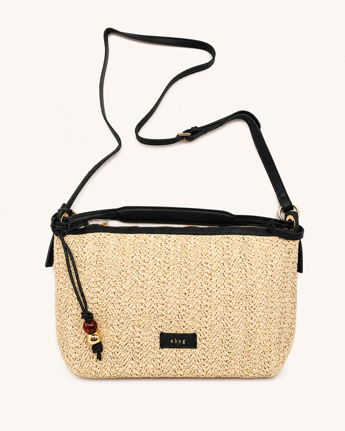 Bolso de Rafia Trenzada Beige y Negro con Bandolera