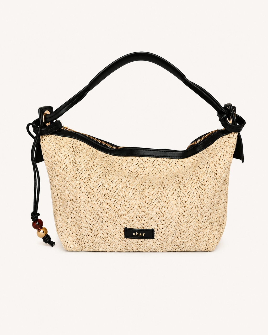 Bolso de Rafia Trenzada Beige y Negro con Bandolera