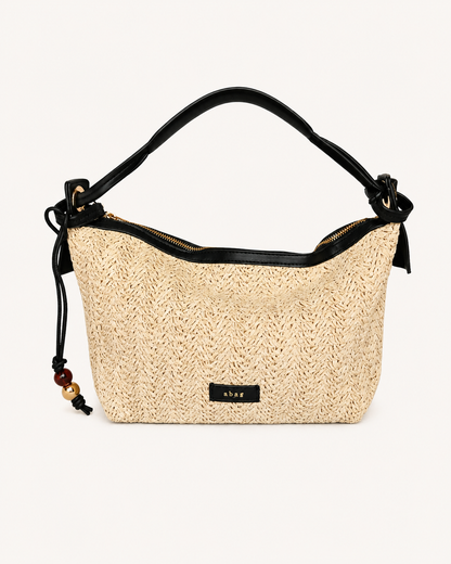 Bolso de Rafia Trenzada Beige y Negro con Bandolera