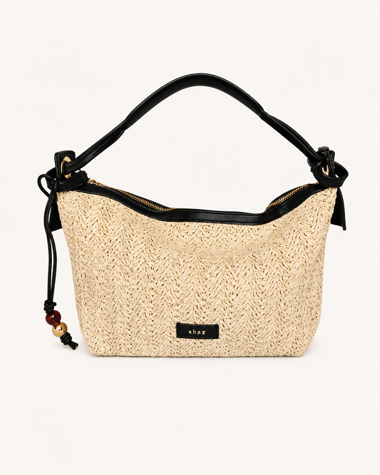 Bolso Hobo de Rafia Trenzada Beige y Negro con Bandolera