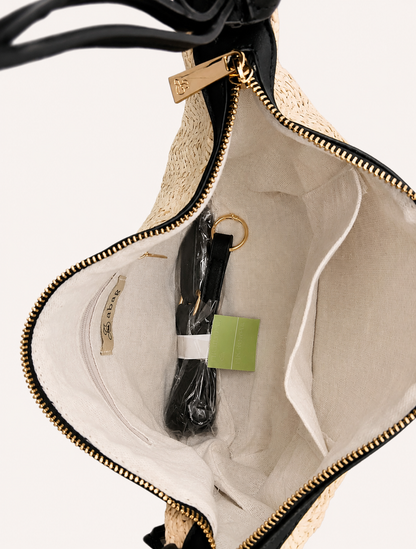 Bolso de Rafia Trenzada Beige y Negro con Bandolera