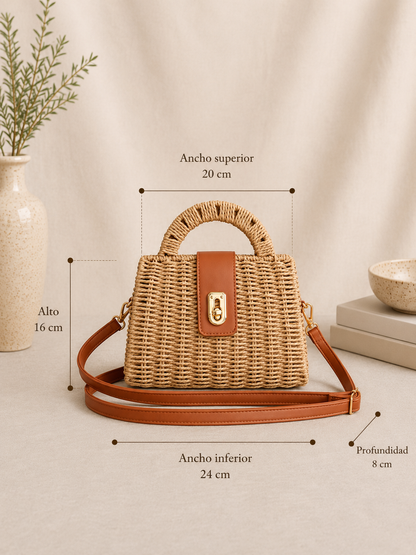 Bolso Petit de Rafia Trenzada Beige con Bandolera Boho Chic