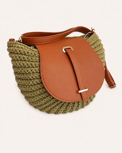 Bolso Bandolera Crochet Verde Oliva con Solapa Camel