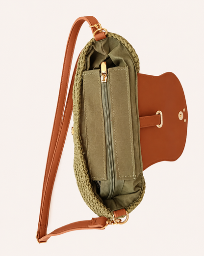 Bolso Bandolera Crochet Verde Oliva con Solapa Camel