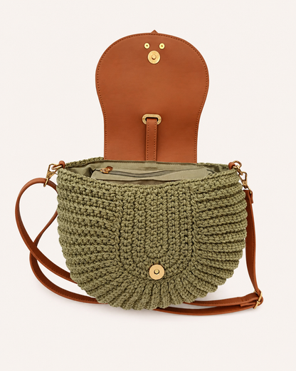 Bolso Bandolera Crochet Verde Oliva con Solapa Camel