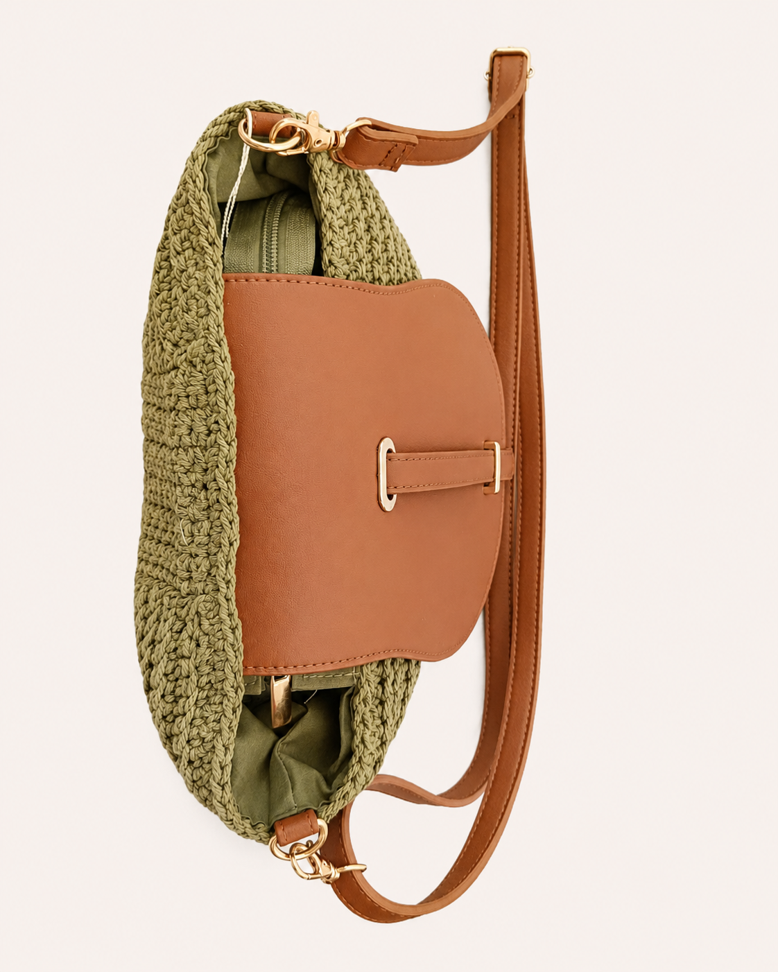 Bolso Bandolera Crochet Verde Oliva con Solapa Camel