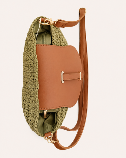 Bolso Bandolera Crochet Verde Oliva con Solapa Camel