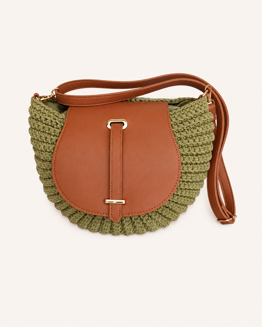 Bolso Bandolera Crochet Verde Oliva con Solapa Camel