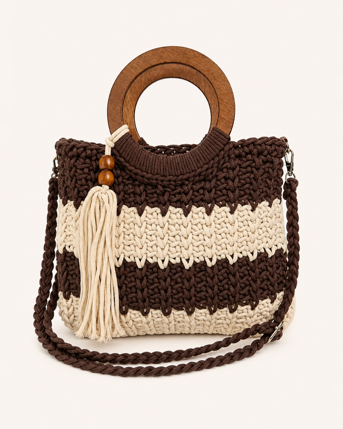 Bolso Boho Crochet trenzado con Asa de Madera