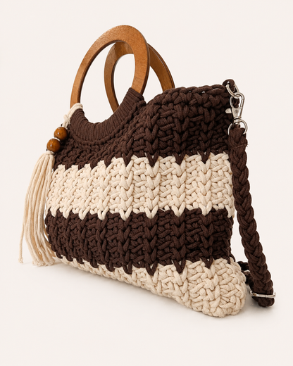 Bolso Boho Crochet trenzado con Asa de Madera