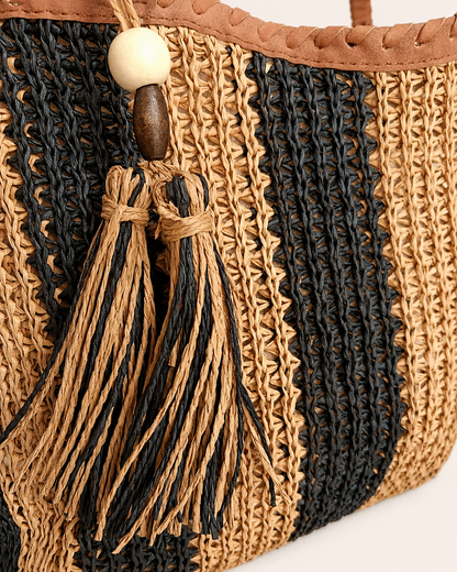 Bolso Shopper de Rafia Trenzada Negro Beige