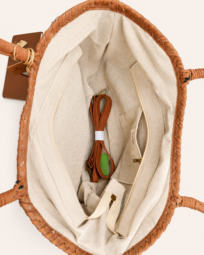 Bolso Shopper de Rafia Trenzada Negro Beige
