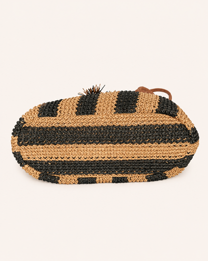 Bolso Shopper de Rafia Trenzada Negro Beige