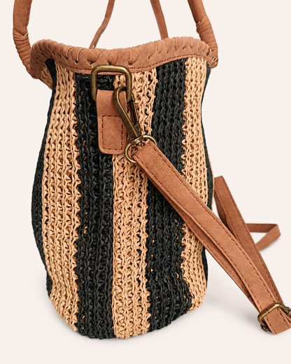 Bolso Shopper de Rafia Trenzada Negro Beige