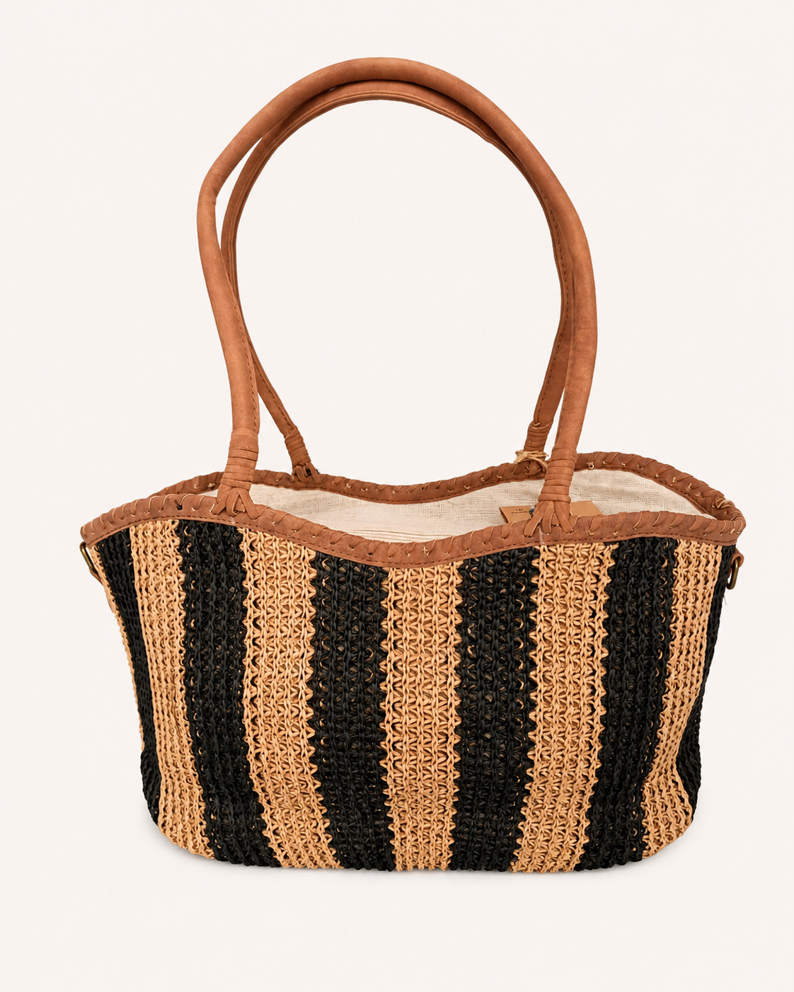 Bolso Shopper de Rafia Trenzada Negro Beige