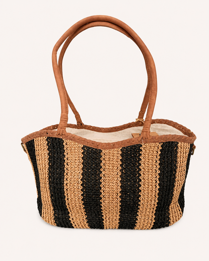 Bolso Shopper de Rafia Trenzada Negro Beige