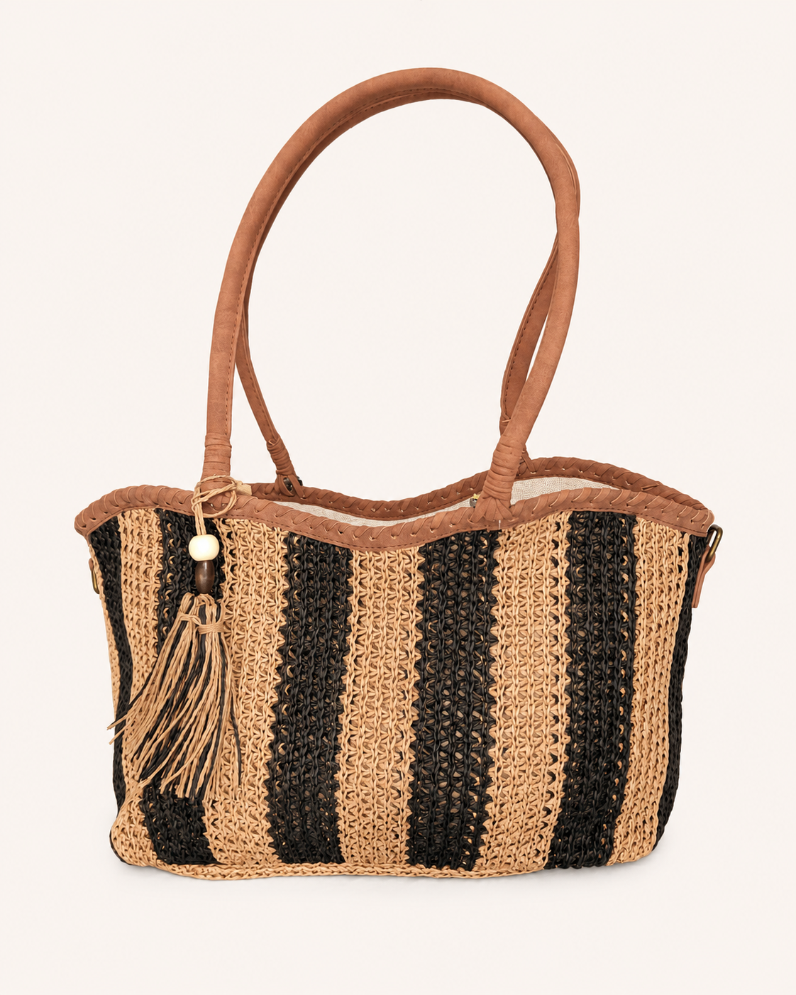 Bolso Shopper de Rafia Trenzada Negro Beige
